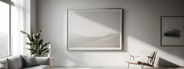 Sleek Floating Aluminum Frame in Minimalist Farmhouse Living Room Interior with Soft Indirect Studio Lighting  High key Monochrome 3D Render of Contemporary Fine Art Photography Display