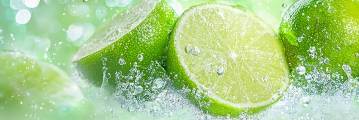  A collection of limes atop a green-and-white tablecloth, dripping with water