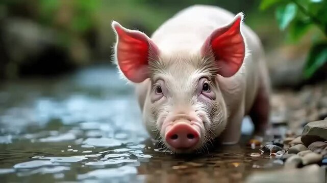 a pig drinking water  by the stream,generative ai
