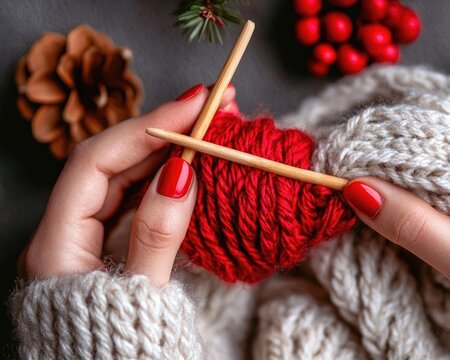 Cozy hands knitting with red yarn, surrounded by holiday decor, capturing the warmth and joy of crafting during winter.