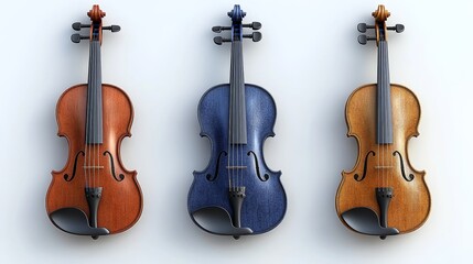 Fototapeta premium Three elegant violins in vibrant colors, showcasing craftsmanship and design against a clean backdrop.