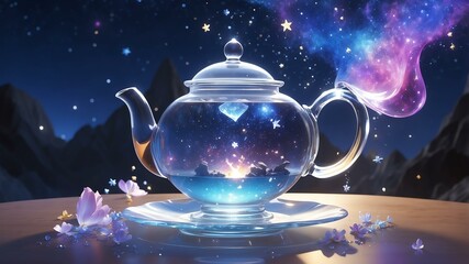 a fantastical still life featuring a floating teapot pouring stars into a crystal cup, set against a nebula background