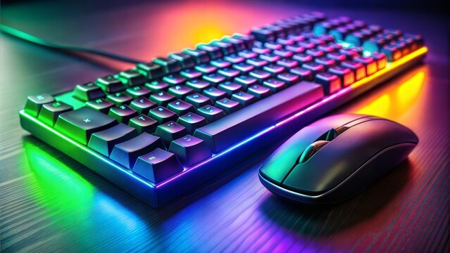 Gaming keyboard and mouse with vibrant neon lights on a dark surface
 - Powered by Adobe
