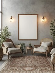 Warm and cozy farmhouse inspired living room mockup featuring a vintage armchair patterned woven rug and tasteful task lighting creating a inviting and natural ambiance