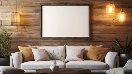 Warm and Inviting Farmhouse Inspired Living Room Interior with Reclaimed Wood Accents and a Rustic Mockup Frame Display