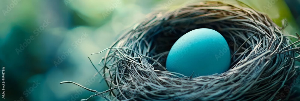 Wall mural  A tight shot of a bird's nest with a single blue egg centrally situated