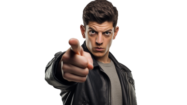 Close-up of a serious man in a leather jacket pointing his finger directly forward, portraying confidence, accusation, or determination, isolated on black background.