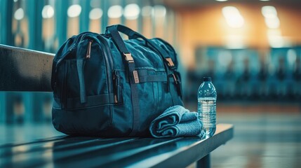 A close-up of a well-used gym bag resting on a locker room bench, with a water bottle and towel beside it, ready for a workout