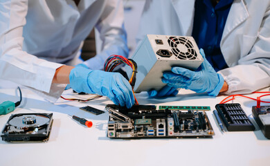 The technician is putting the CPU on the socket of the computer motherboard. electronic engineering