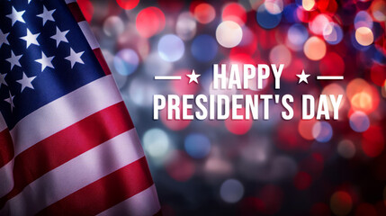 A vibrant image featuring the American flag with festive bokeh effects, celebrating President's Day with cheerful text.