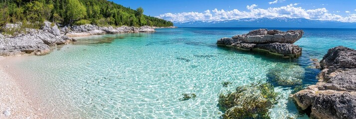  A body of water with rocks in its center, a mountain distant with cloud-specked sky