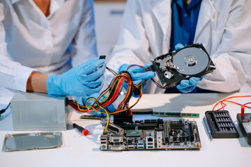 Obraz premium Showcasing expert computer hardware assembly and hard drive installation with precision
