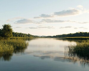Obraz premium Tranquil landscape featuring a serene river surrounded by lush greenery and gentle clouds under a clear sky.