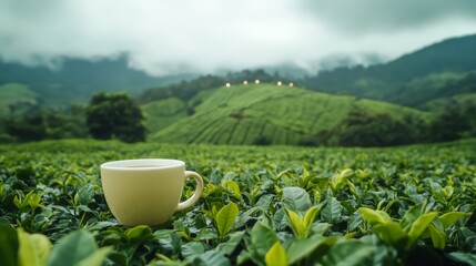 A serene tea plantation with a cup resting on tea leaves, lush green landscape with a misty mountain backdrop.