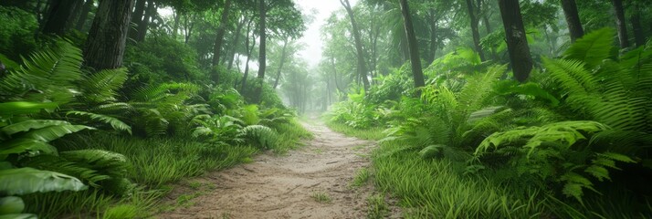  A dirt path, encircled by lush greenery, runs through a forest, flanked by an abundance of verdant plants and trees