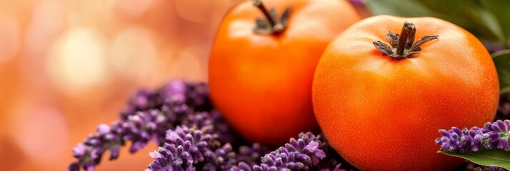  Two tomatoes resting atop a cluster of purple flowers, against a softly blurred backdrop