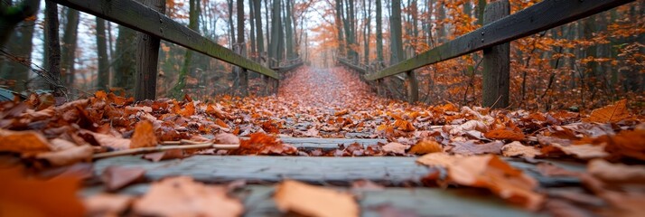  A wooden path weaves through a forest, its leaves-strewn surface cradled by trees shedding orange and yellow foliage