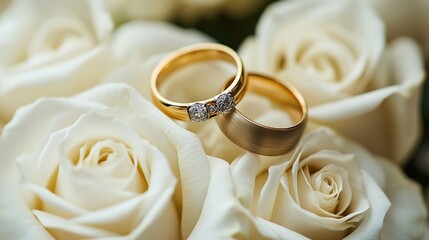 Two gold wedding rings with a diamond on a bed of white roses.