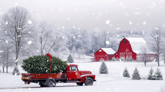 A vintage red truck carries a Christmas tree through a snowy landscape with a red barn in the background, capturing a classic winter holiday scene.