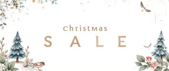 Obraz premium This sleek Christmas sale banner showcases elegant typography against a minimalist white backdrop, enhanced with seasonal decorative elements such as trees and flowers, creating a festive appeal