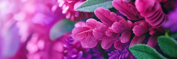 Obraz premium A tight shot of multiple pink and purple blooms, surrounded by green foliage at their bases