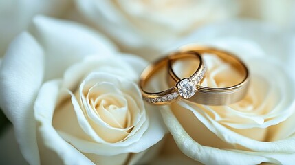 Two gold wedding bands with a diamond resting on two white roses.