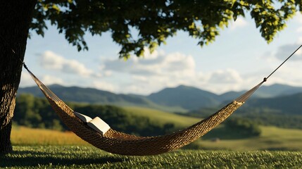 A serene landscape featuring a hammock, inviting relaxation amidst nature's beauty with mountains in the background.