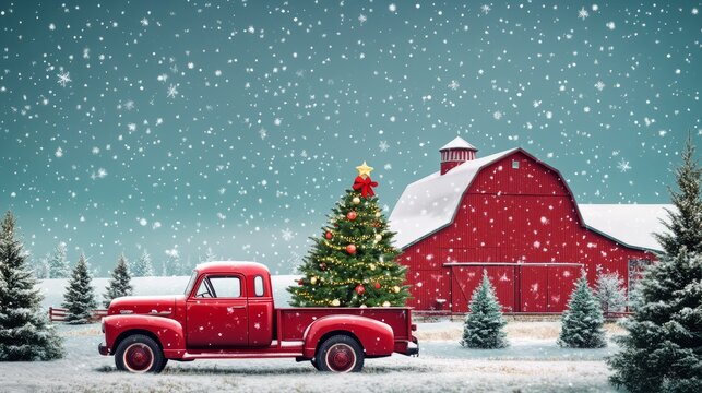 A charming red truck adorned with a Christmas tree is parked in a snowy farm setting, featuring a red barn and falling snowflakes in a serene winter landscape.