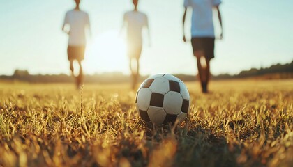 Fototapeta premium A soccer ball sits in the grass with players walking in the background during sunset, creating a warm, energetic atmosphere.