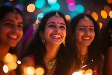 Fototapeta premium A group of women laughing together, holding sparklers with colorful lights glowing in the background