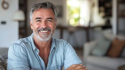 Obraz premium Smiling Mature Man Relaxing on Couch in Cozy Living Room