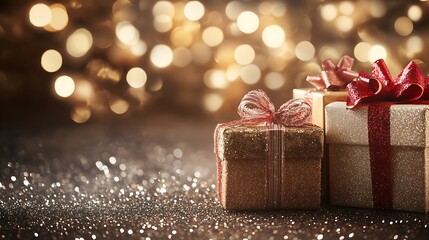 Elegant Christmas Presents on a Shimmering Background with Copy Space
