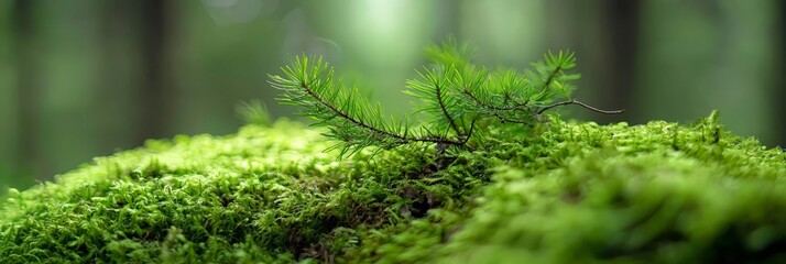  A tight shot of a moss-covered surface featuring a small tree branch emerging from it