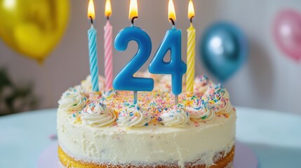 Celebratory 24th Birthday Cake Adorned with Candles and Raspberries