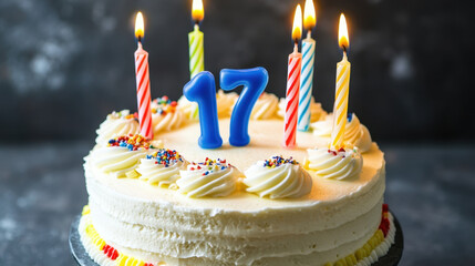 Celebratory 17th Birthday Cake with Vibrant Candles and Festive Decor