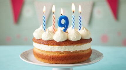 Colorful Celebration Cake with Number 9 Candle and Balloons