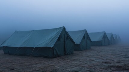 Misty Morning at Military Camp with Tents and Soldiers