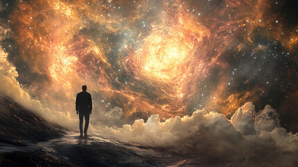 Obraz premium A lonely figure on a dark surface, surrounded by cosmic clouds and spirals of galaxies, as if being on the verge of reality and fantasy.