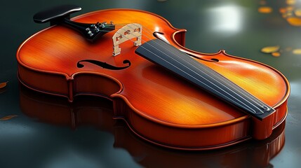 Fototapeta premium Close-up of a beautiful violin resting on a reflective surface, showcasing its rich wood grain and elegant design.