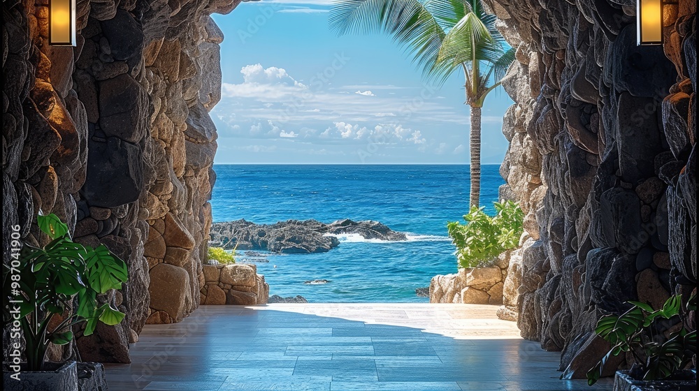 Poster View between 2 stone walls, access to a hotel lobby with ocean view in the back.
