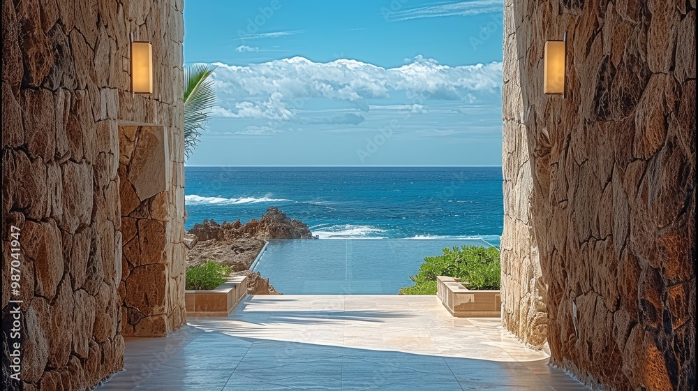 Poster View between 2 stone walls, access to a hotel lobby with ocean view in the back.