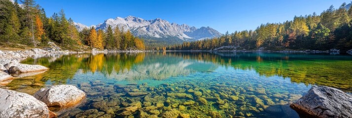  A body of water nestled amidst trees in a mountain range, framed by mountains behind