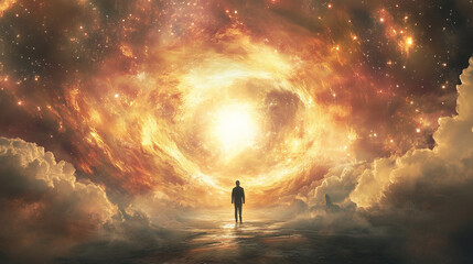 A man in front of a whirlwind of fiery galaxies and dark clouds, standing on the edge of an unknown world, like a spectator in the epicenter of the universe.