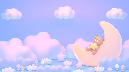 3D render kawaii bear lying on the moon in flower garden.