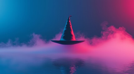 Fototapeta premium A levitating witch's hat amidst colorful mist, creating a mystical and enchanting atmosphere.