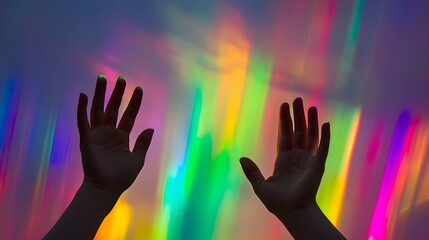 Hands Holding Vivid Colorful Light Beams with Dreamlike Auroras Lighting Up the Sky.