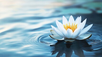 A serene lotus flower floating on water, symbolizing mindfulness, yoga, and inner peace.
