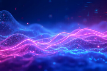 Obraz premium Neon purple-blue digital waves showcasing data flow and energy line in a futuristic cyber world.
