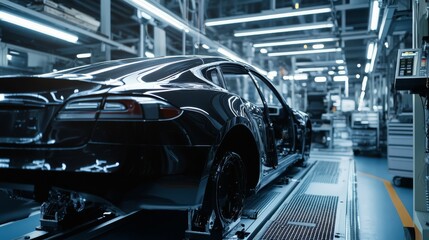 Fototapeta premium Automobile assembly line with a sleek black car in modern factory setting, highlighting advanced manufacturing technology.