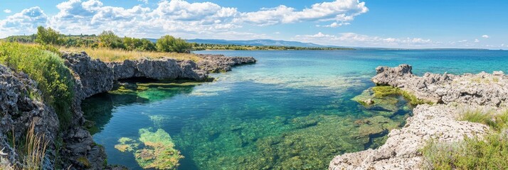  A large, green expanse surrounds a body of water, with a rocky cliff on its opposite side